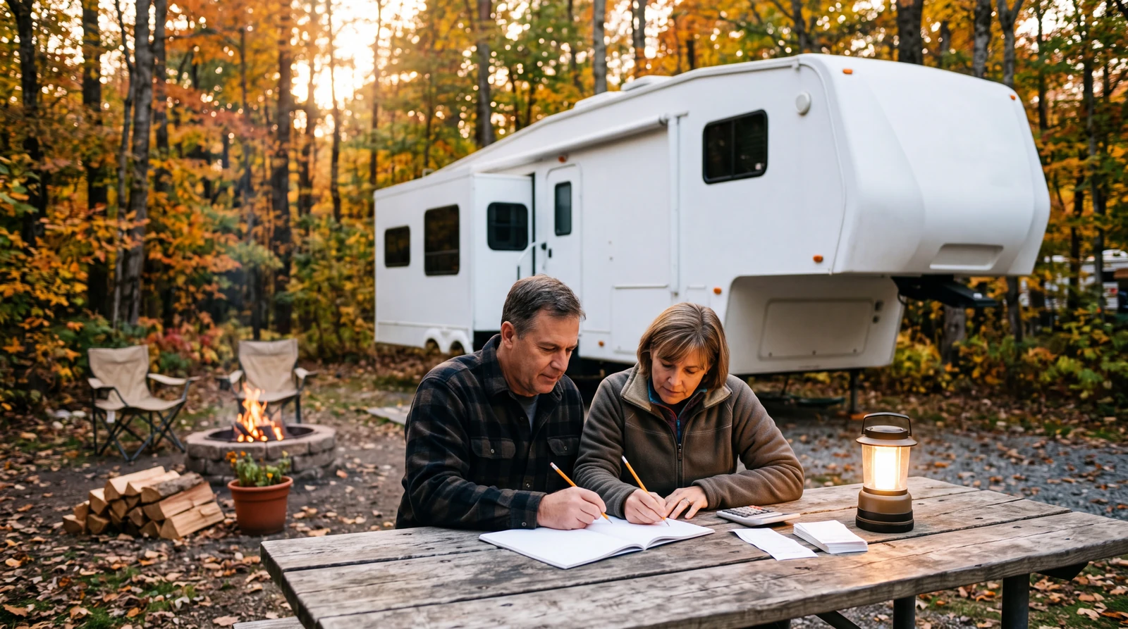 Settled long term RV site with a fifth wheel, potted plants, and a couple reviewing a notebook and calculator at an outdoor table among autumn trees