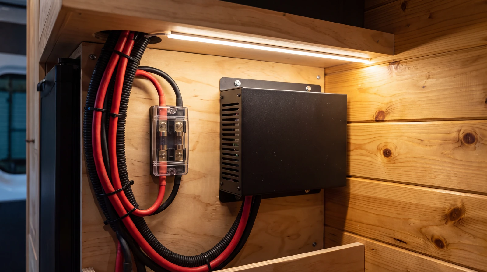Compact black charger unit mounted in a van conversion electrical bay with heavy gauge cable running toward the vehicle front and a visible fuse holder