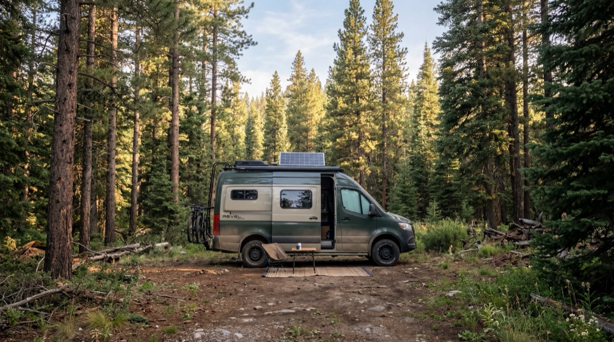 RV boondocking on national forest land surrounded by tall pine trees in a peaceful wilderness setting