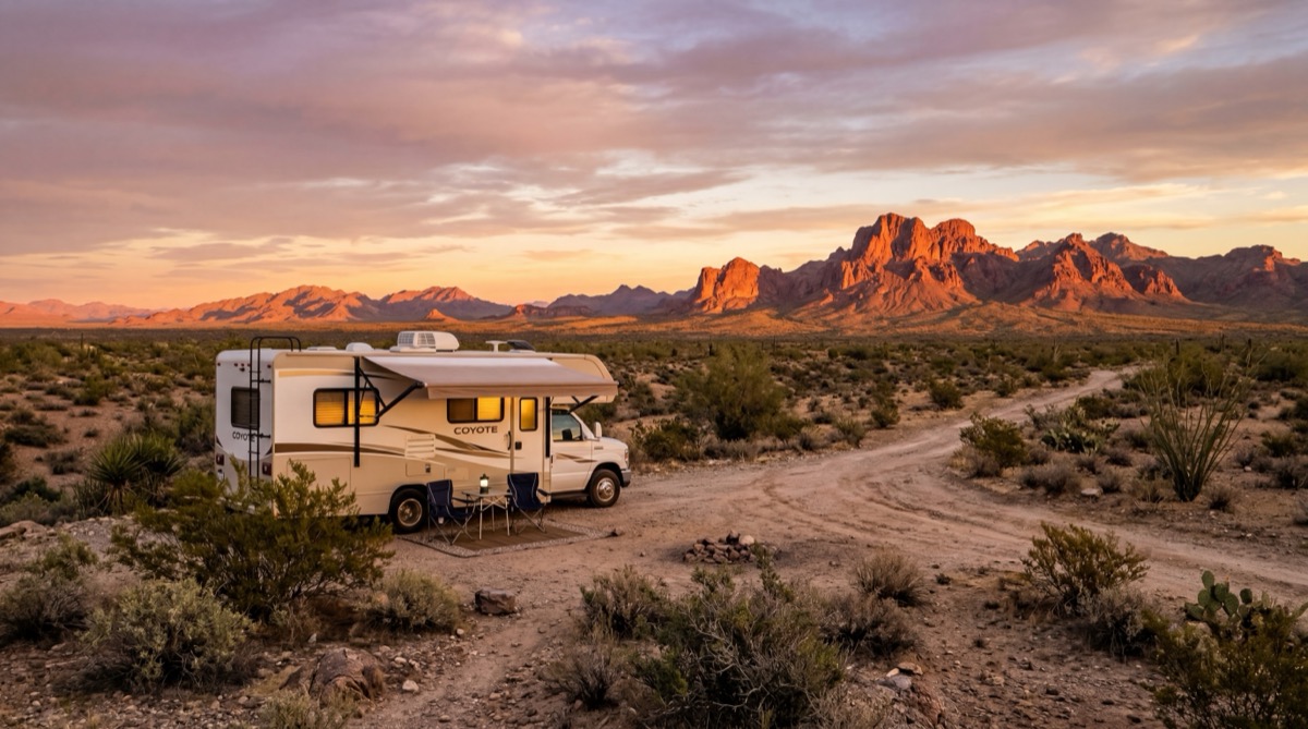 RV parked overnight at a free camping spot on BLM land with sunset views over desert mountains