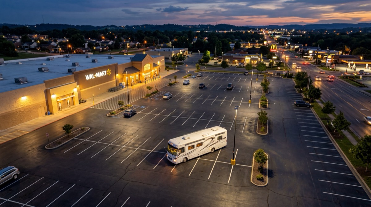 RV parked in a Walmart parking lot at dusk with store lights glowing