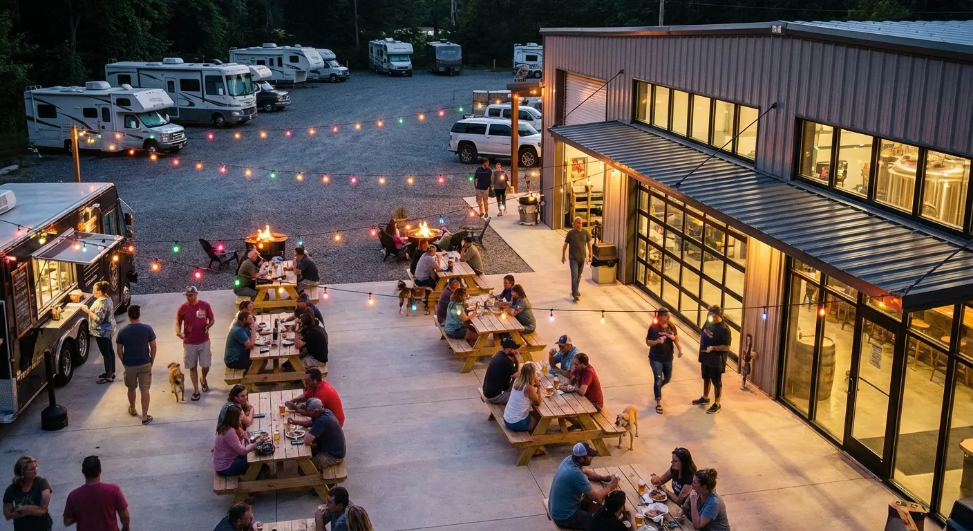 RV parked outside a craft brewery with outdoor seating and string lights at a host location