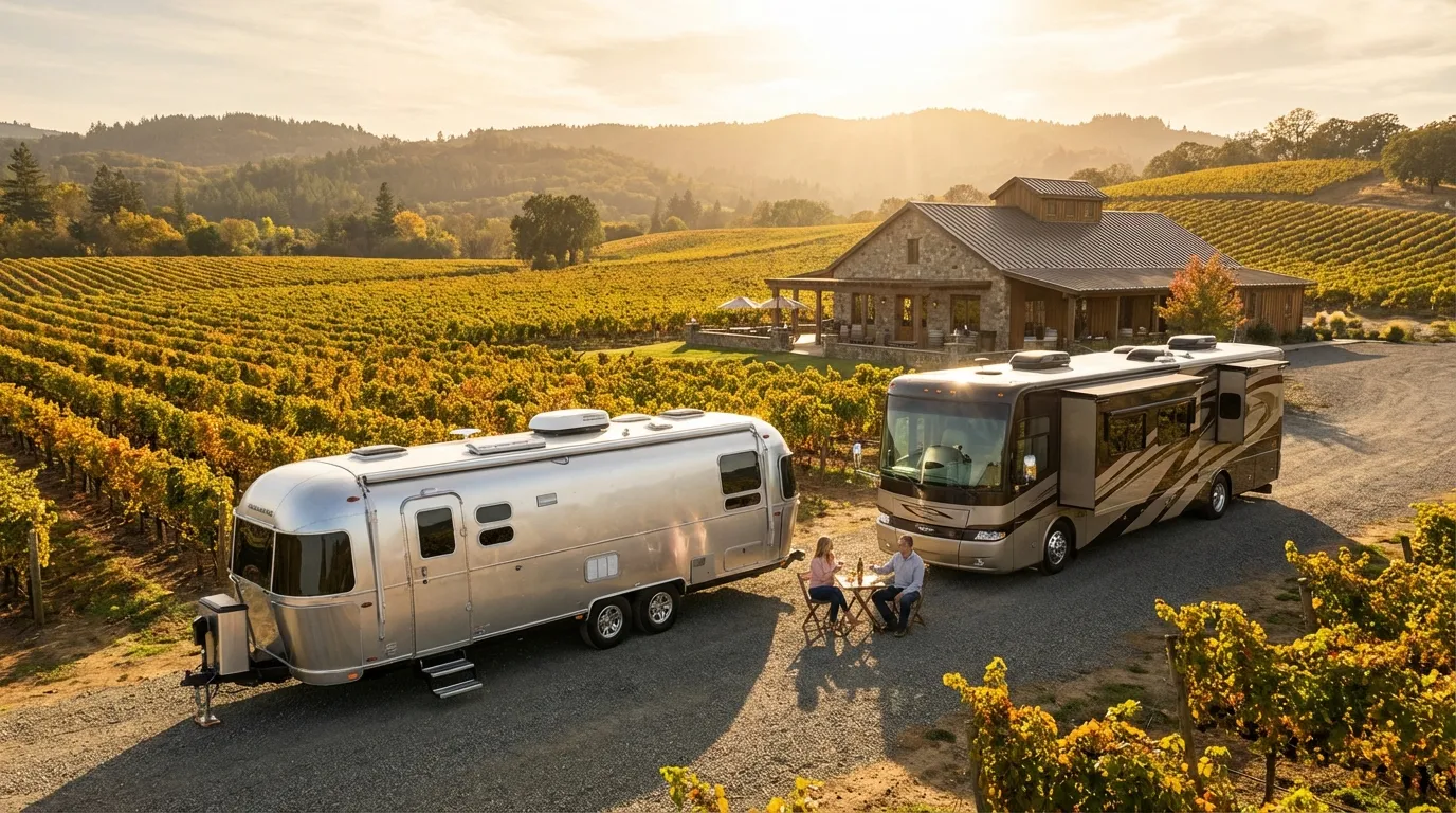 RV parked at a beautiful vineyard with grape vines and winery in background