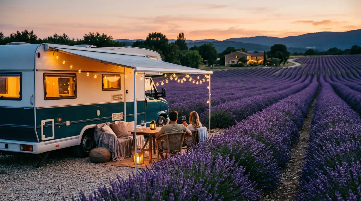 RV campsite at a lavender farm with purple fields in bloom and string lights