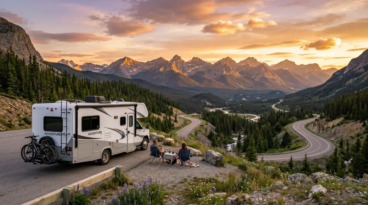 RV motorhome parked at a scenic mountain overlook with sunset views