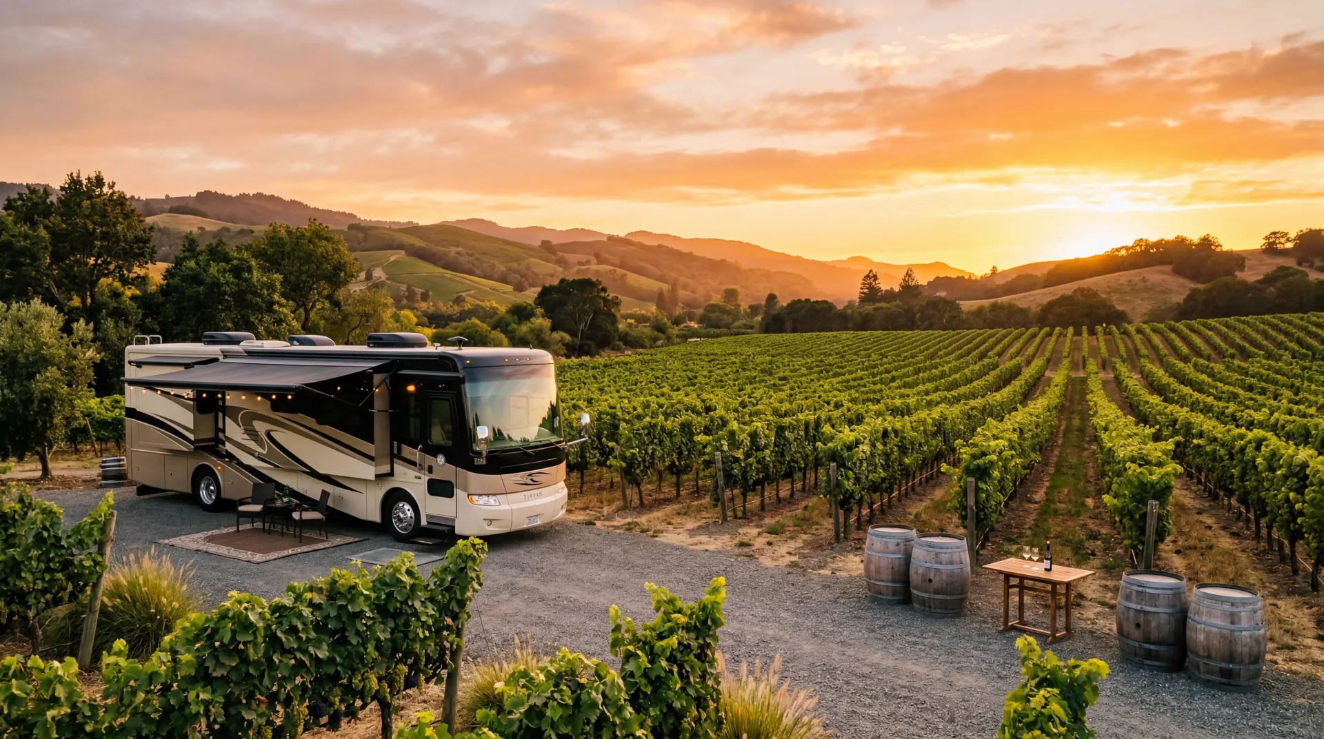 Class A motorhome parked at a vineyard at golden hour with rows of grapevines and rolling hills