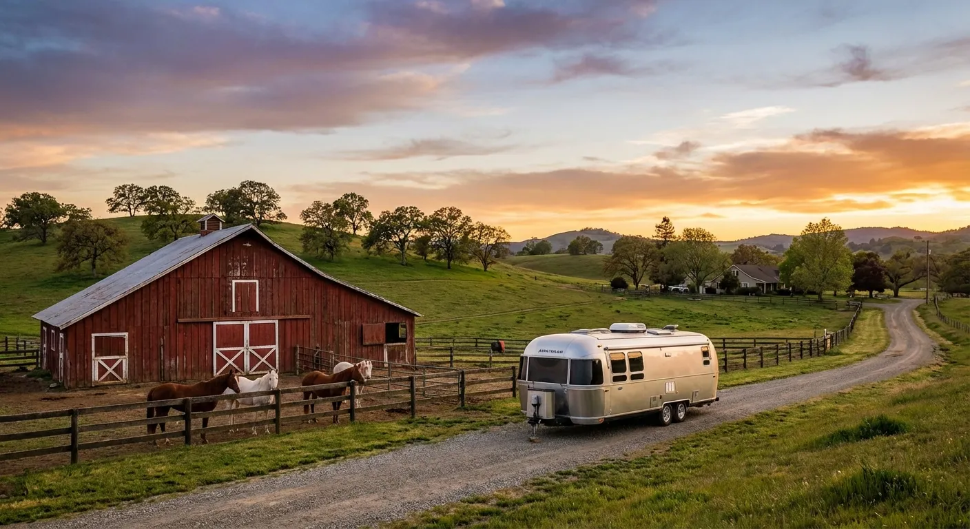 RV parked at a working farm with barn and green pastures during a Harvest Hosts overnight stay