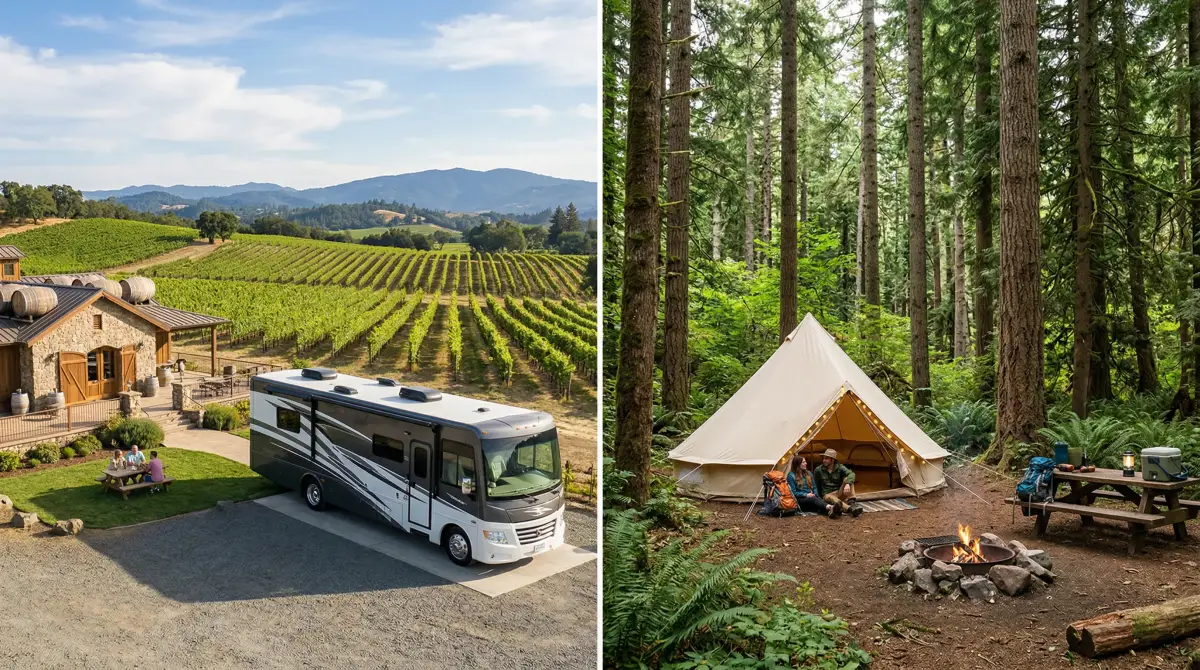 Side by side comparison of a Harvest Hosts winery stay and a Hipcamp forest camping site