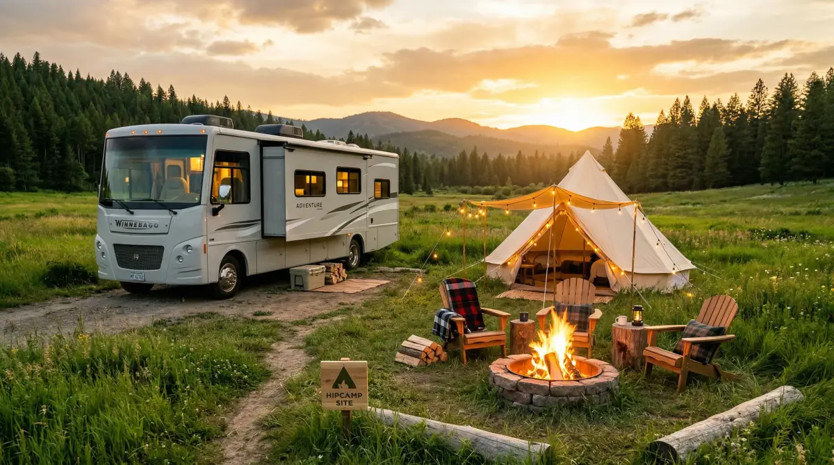 RV motorhome parked at a private Hipcamp campsite with string lights and campfire at sunset