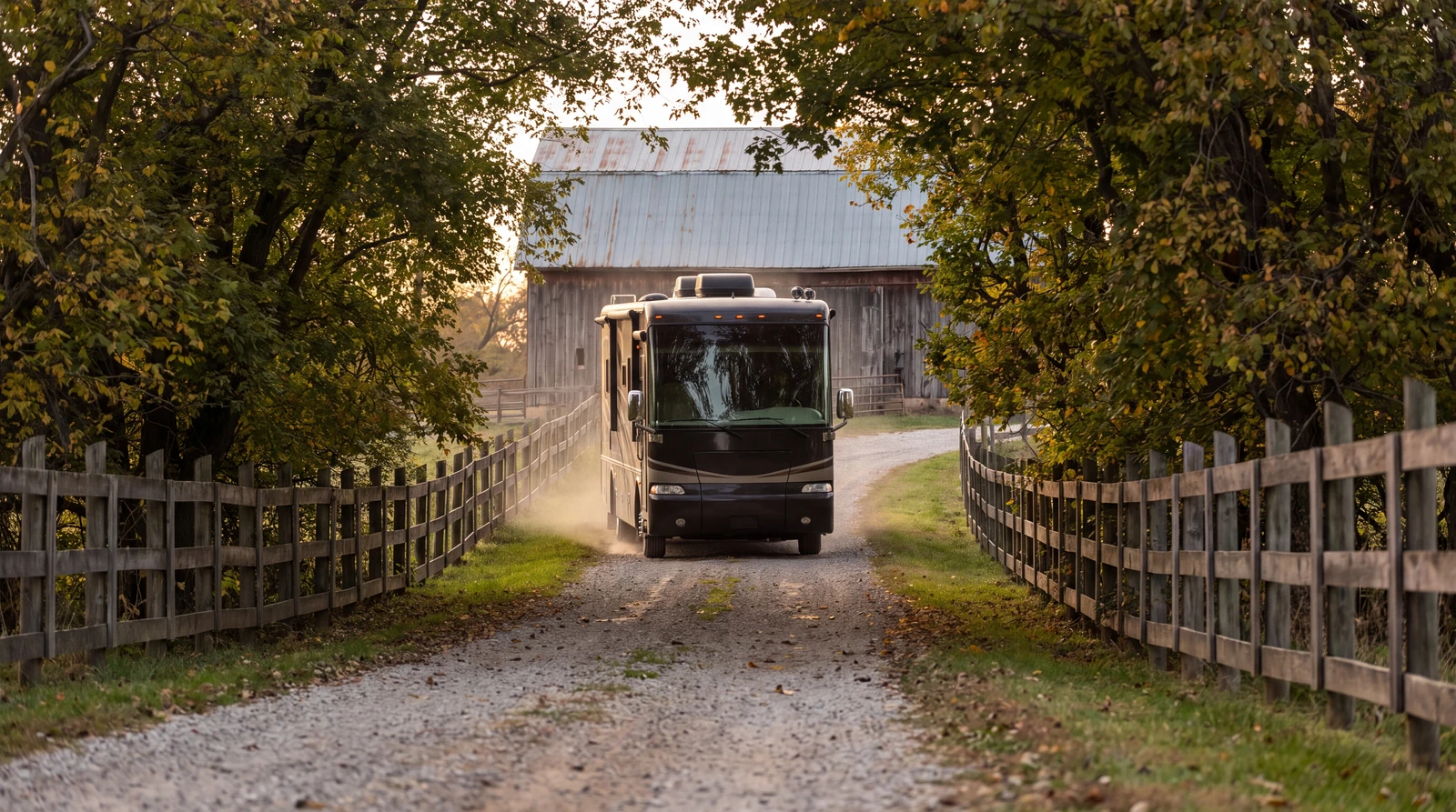 Large Class A motorhome driving up a narrow tree lined farm driveway between wooden fences toward a barn