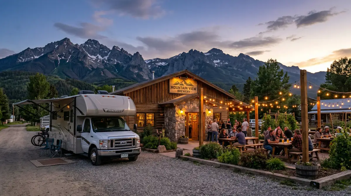 RV parked at a charming small-town brewery with outdoor beer garden and mountain views