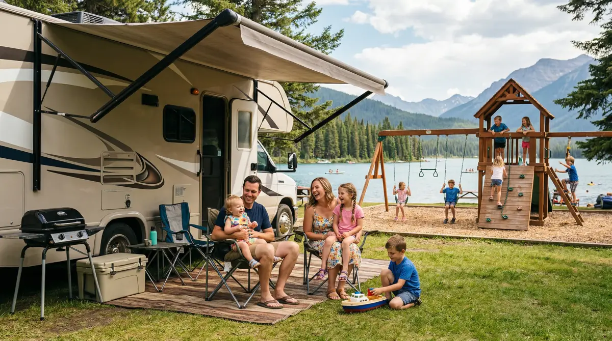Family enjoying a campground with playground equipment and lake, RV campsite with awning