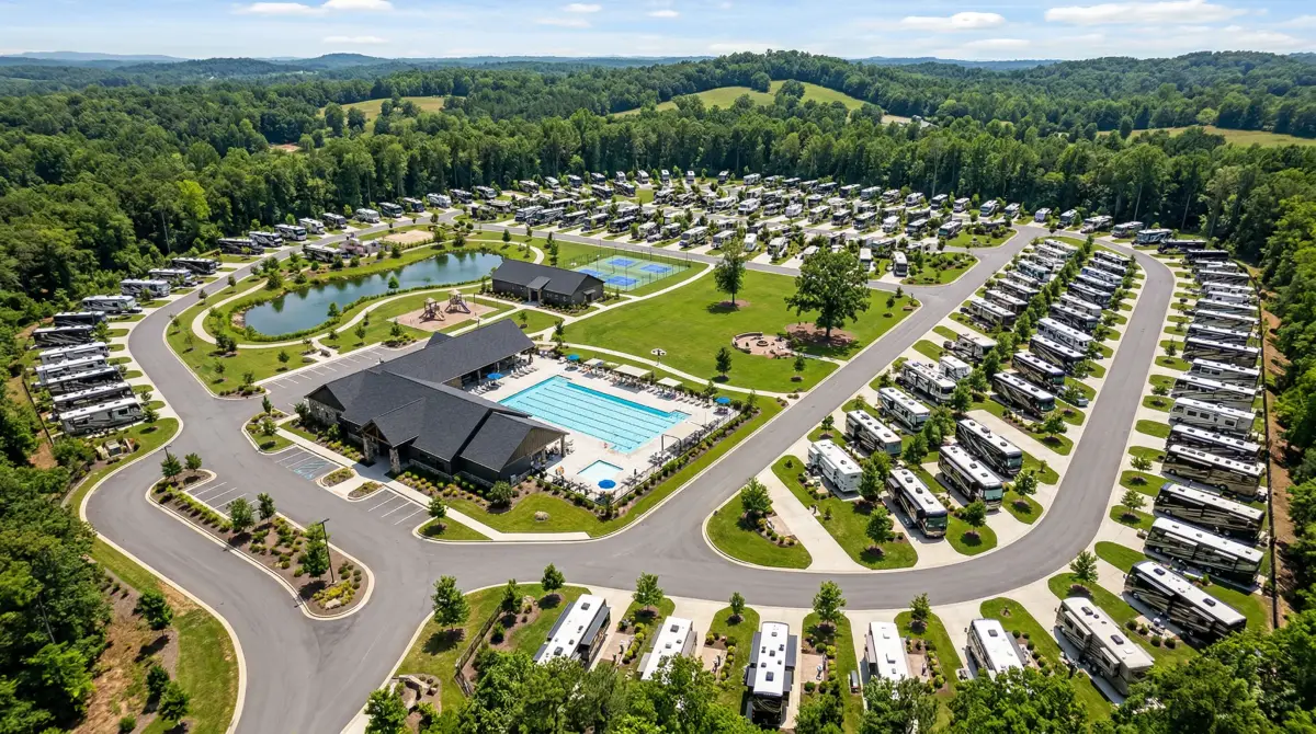 Aerial view of a modern RV resort campground with full hookup sites, pool, and amenities