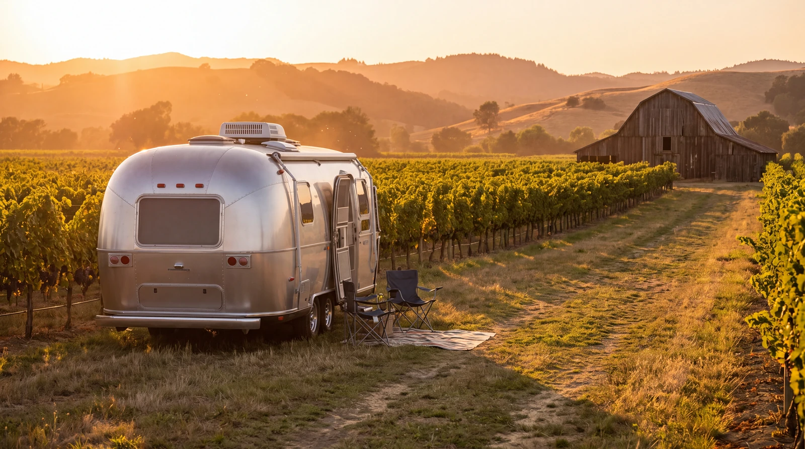 Travel trailer parked on a grass lane at the edge of a vineyard at golden hour with rows of vines receding toward hills and a distant barn