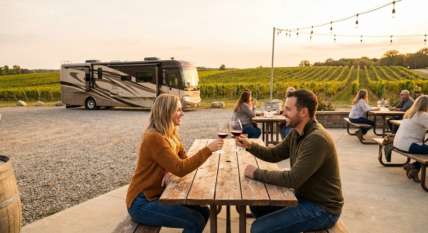 RV travelers enjoying a wine tasting at a vineyard during their Harvest Hosts overnight stay