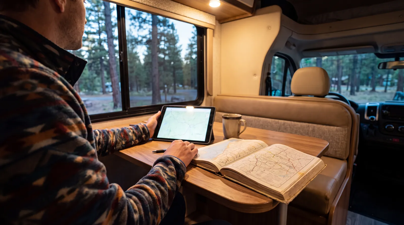 An RV owner sitting at a motorhome dinette with a tablet and a paper road atlas open, planning a campground stop