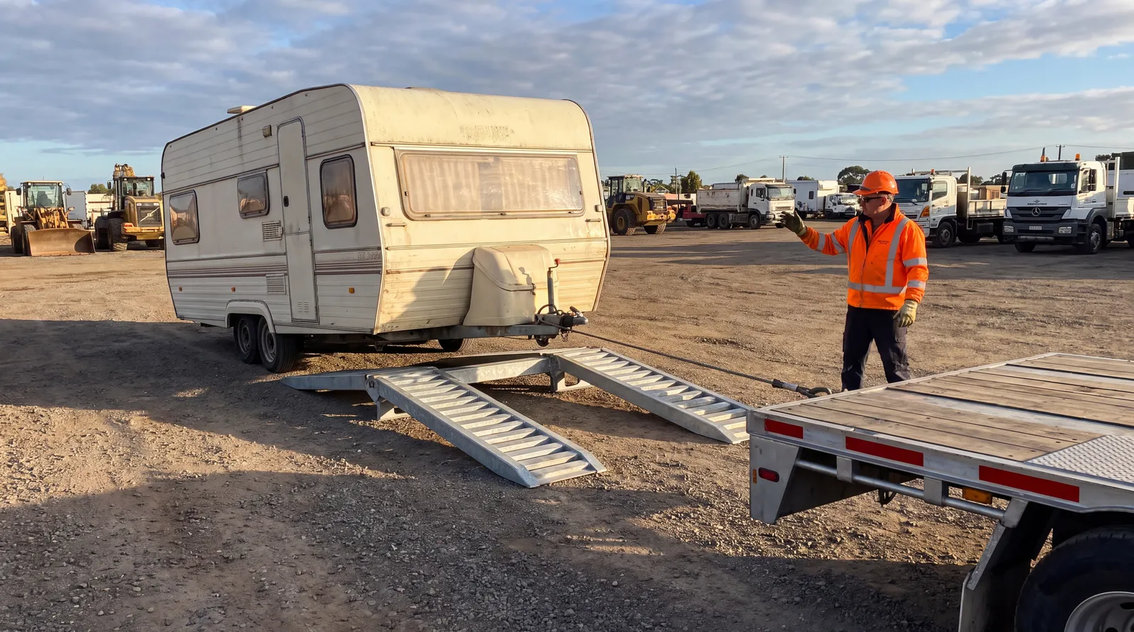 A travel trailer being winched up the steel ramps of a transport trailer while a driver in a high visibility vest guides it from the side
