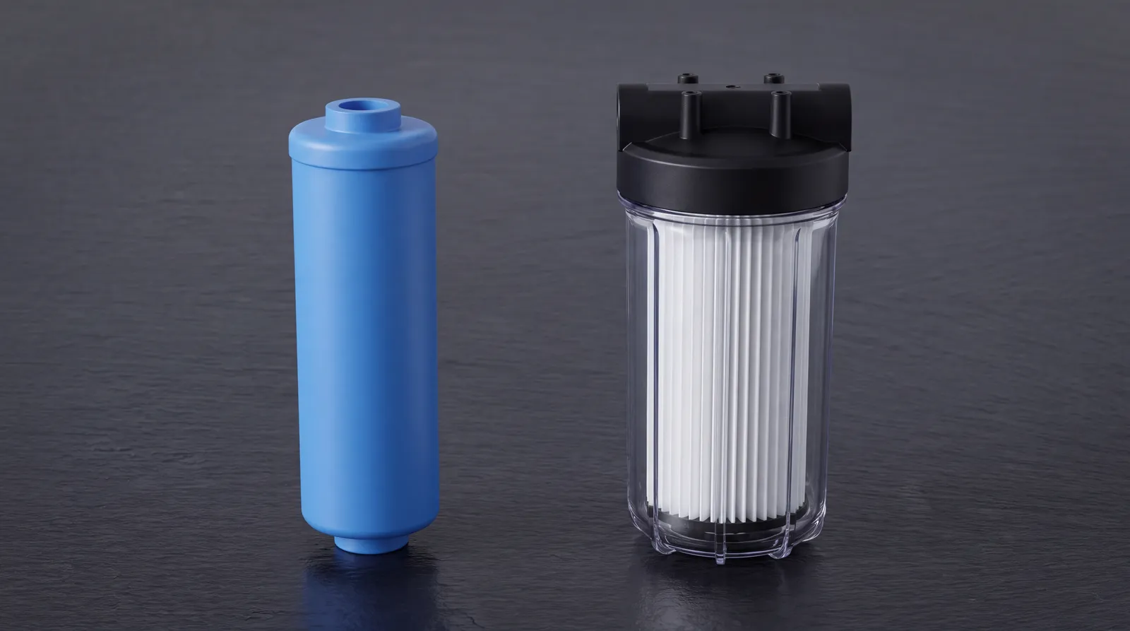 Studio photograph of an inline hose filter cartridge beside a taller clear canister housing with a white pleated filter element inside