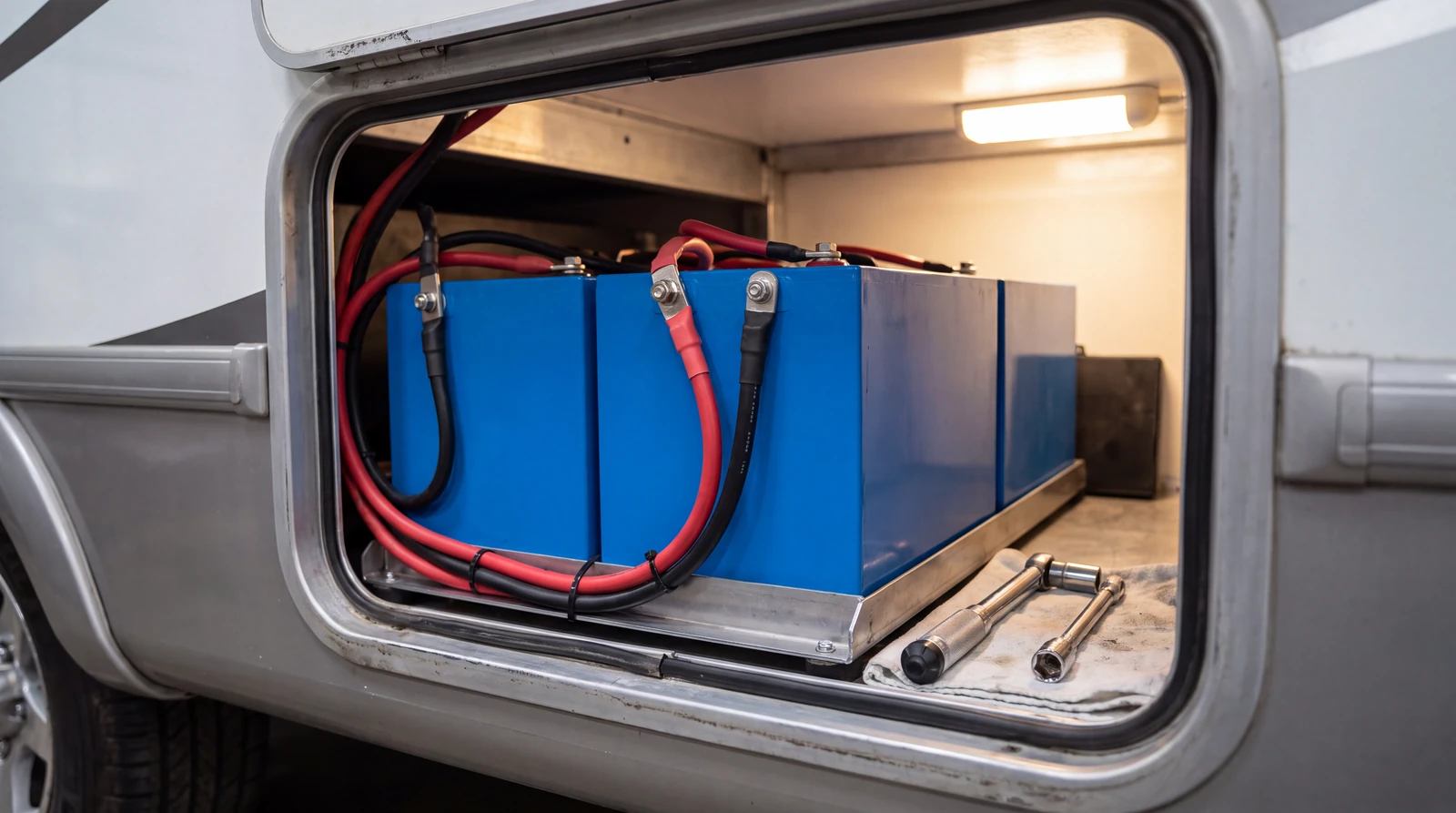 Open RV battery compartment with two modern blue lithium batteries, tidy red and black cabling with ring terminals, and a torque wrench resting nearby