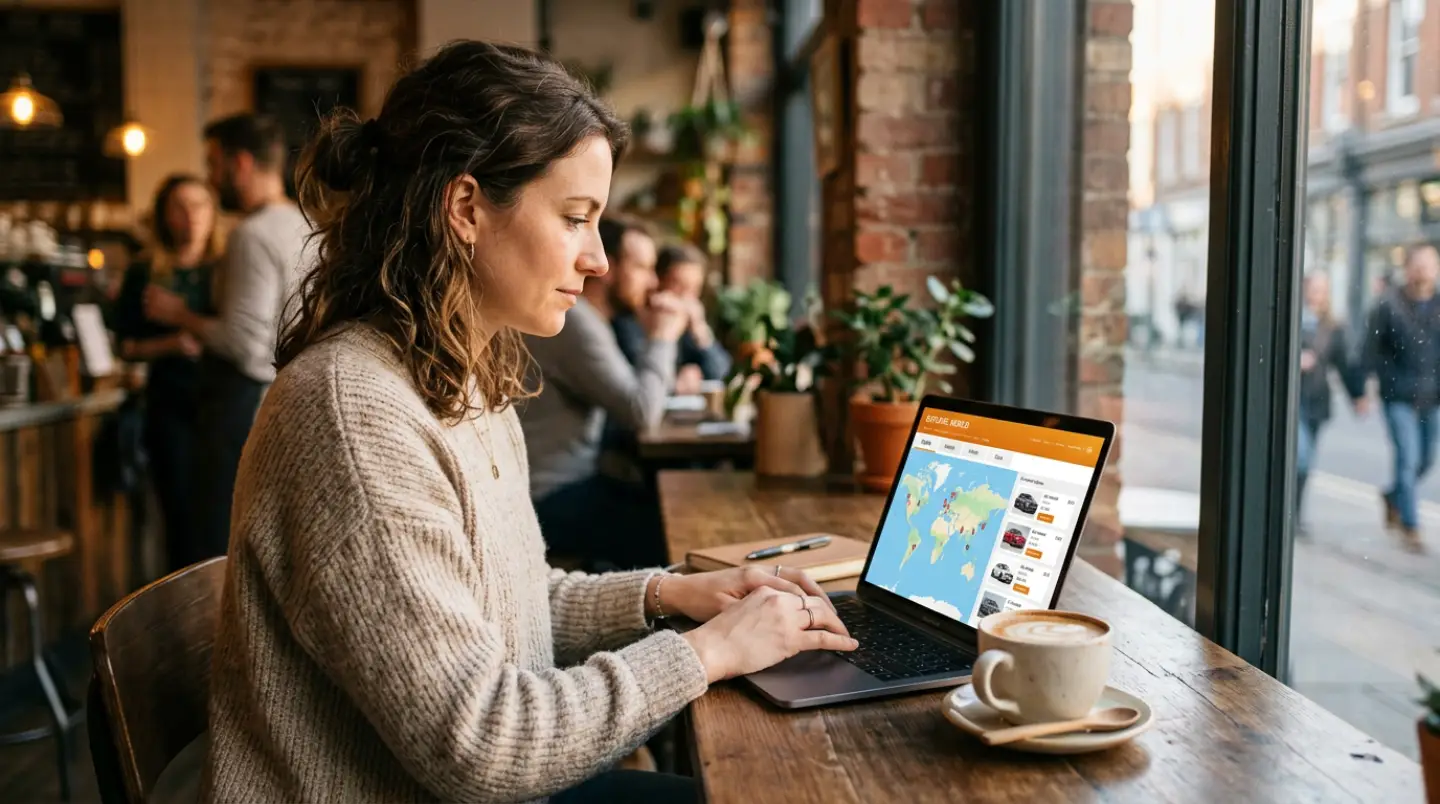 Person searching for one way RV rentals on a laptop