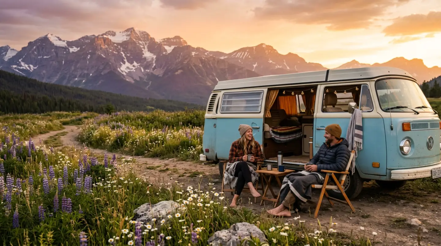 Couple enjoying a budget-friendly boondocking campsite next to their camper van at sunset