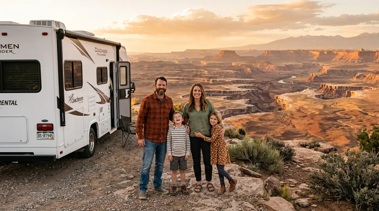 Family enjoying a scenic overlook during a one way RV road trip