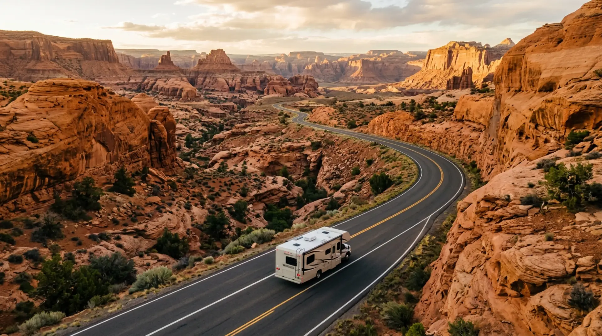 Class C motorhome driving through a red rock desert canyon on a one way road trip
