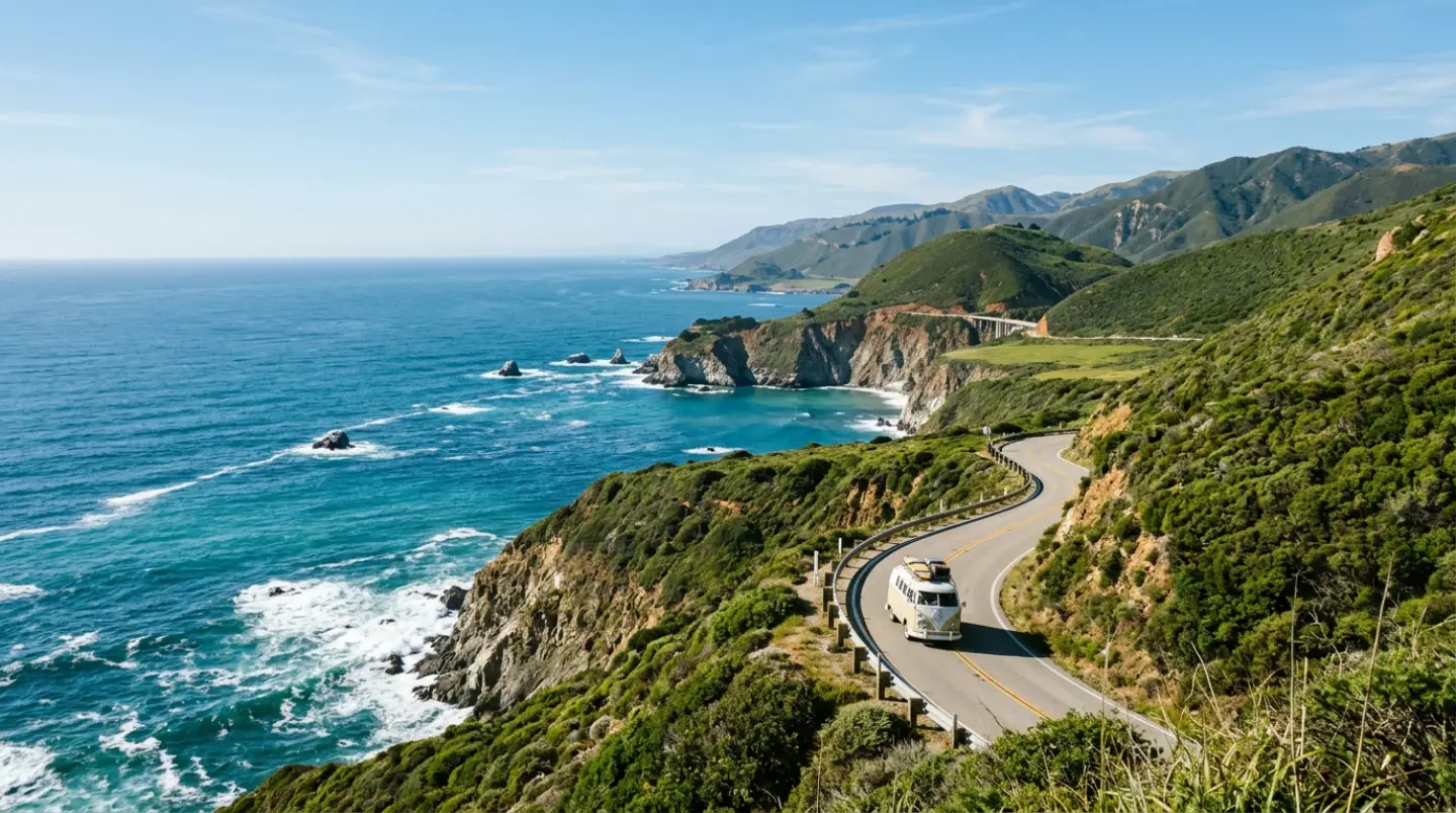 Camper van driving the Pacific Coast Highway along dramatic coastal cliffs