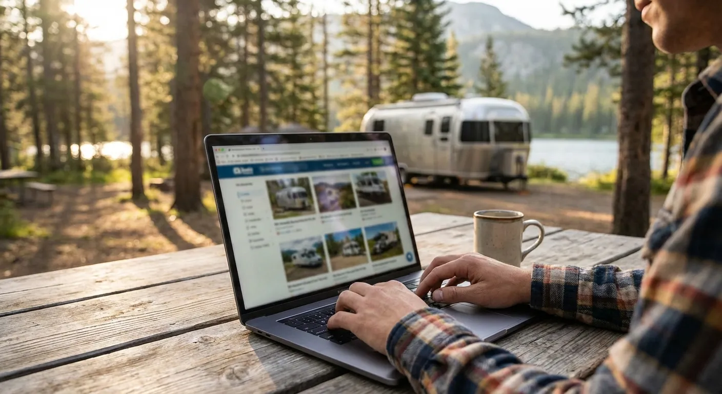 Person researching RV rentals on laptop at a campground picnic table