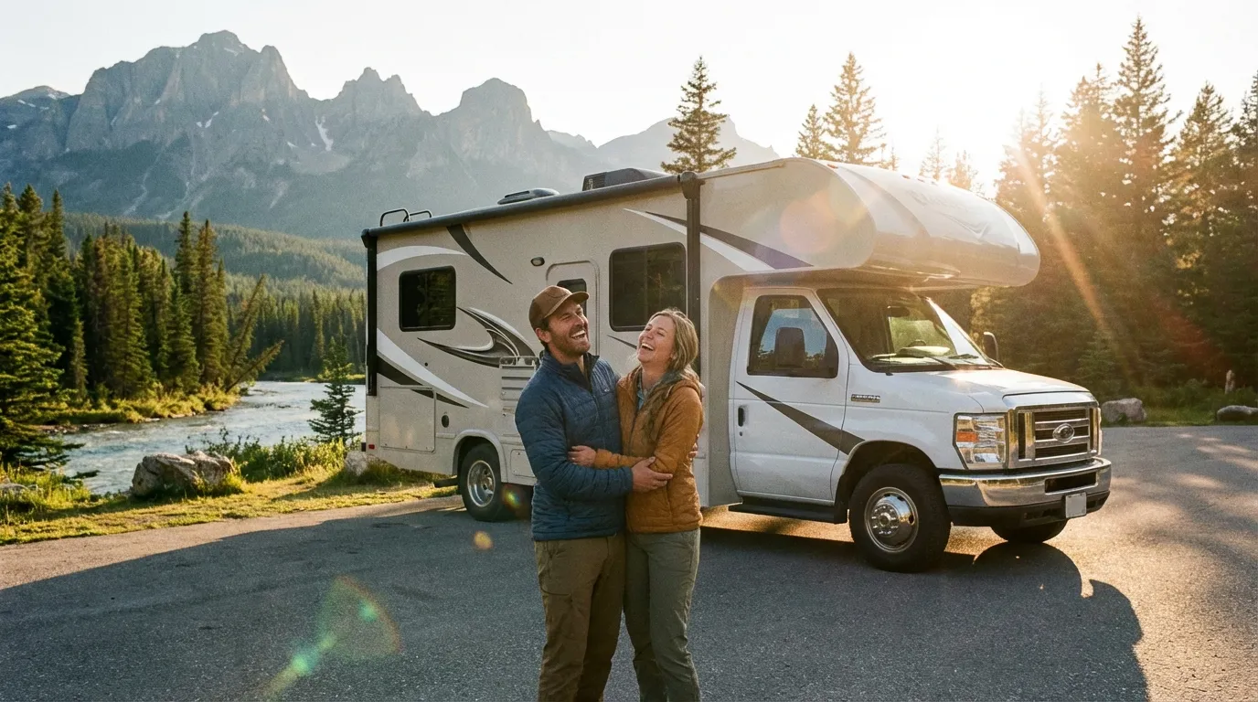 Happy couple in front of an RV motorhome at a scenic mountain campground