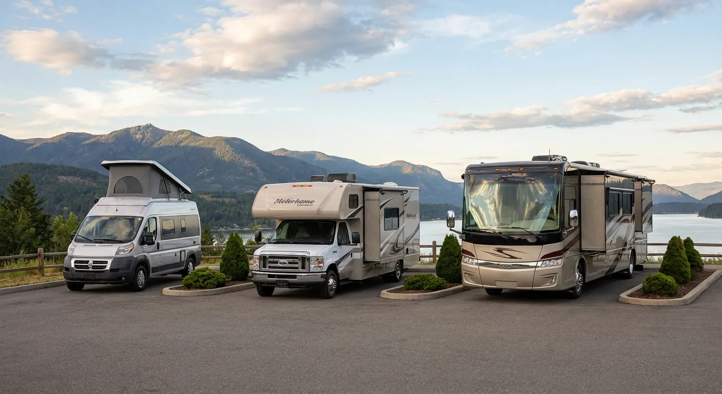 Three different RV types side by side: campervan, Class C, and Class A motorhome