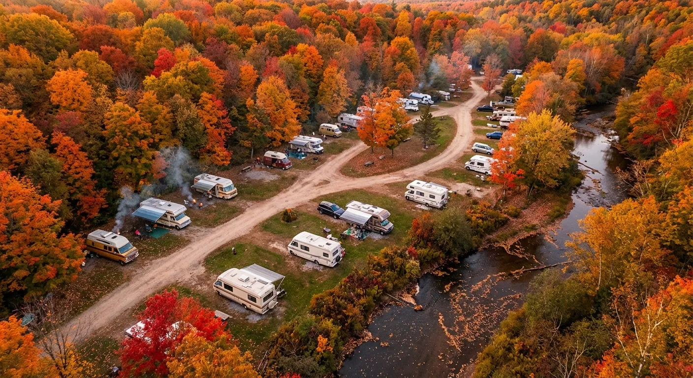 RV campground during autumn with colorful fall foliage