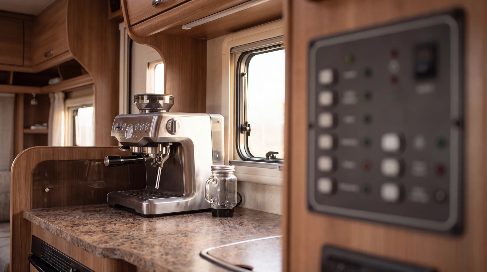 RV galley interior with an espresso maker and small blender on the counter in soft morning light, a power control panel out of focus in the background