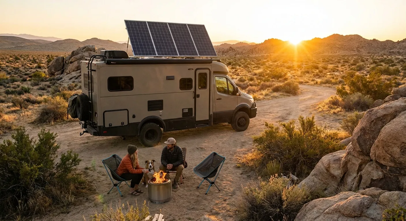 RV parked in remote wilderness boondocking location powered by rooftop solar panels