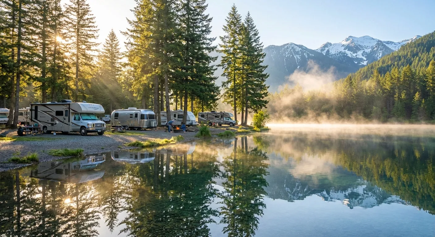 Beautiful RV campground among pine trees next to a crystal clear mountain lake