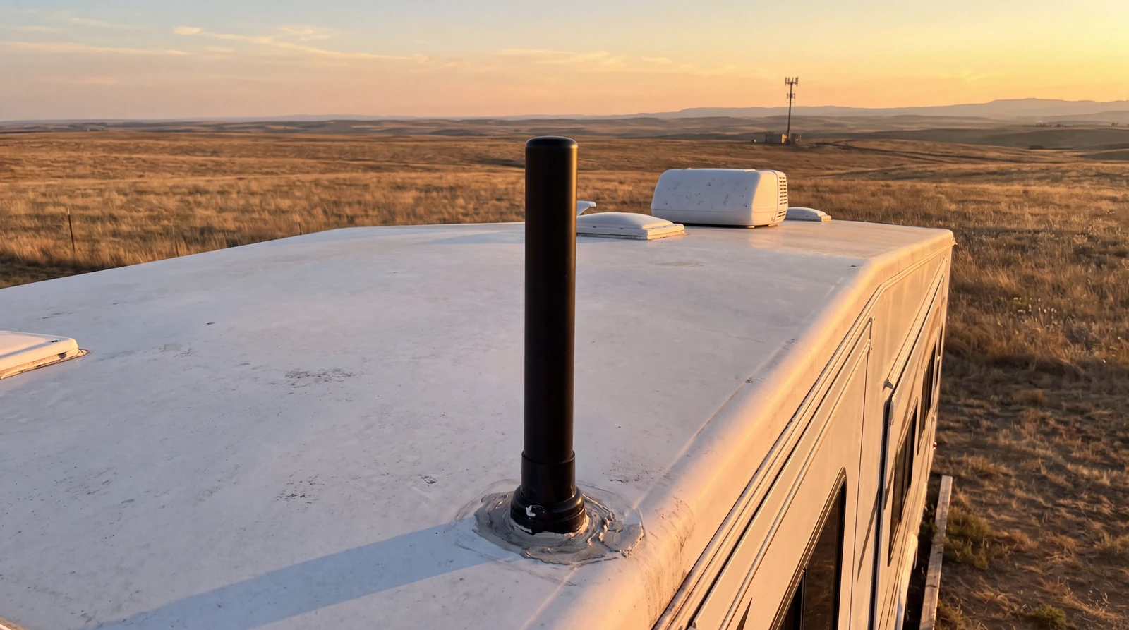Slim black omnidirectional antenna mounted on a fifth wheel RV roof with open plains and a distant cell tower on the horizon