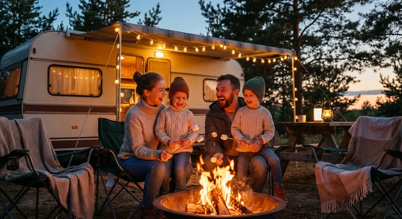 Family roasting marshmallows around campfire outside their RV at dusk