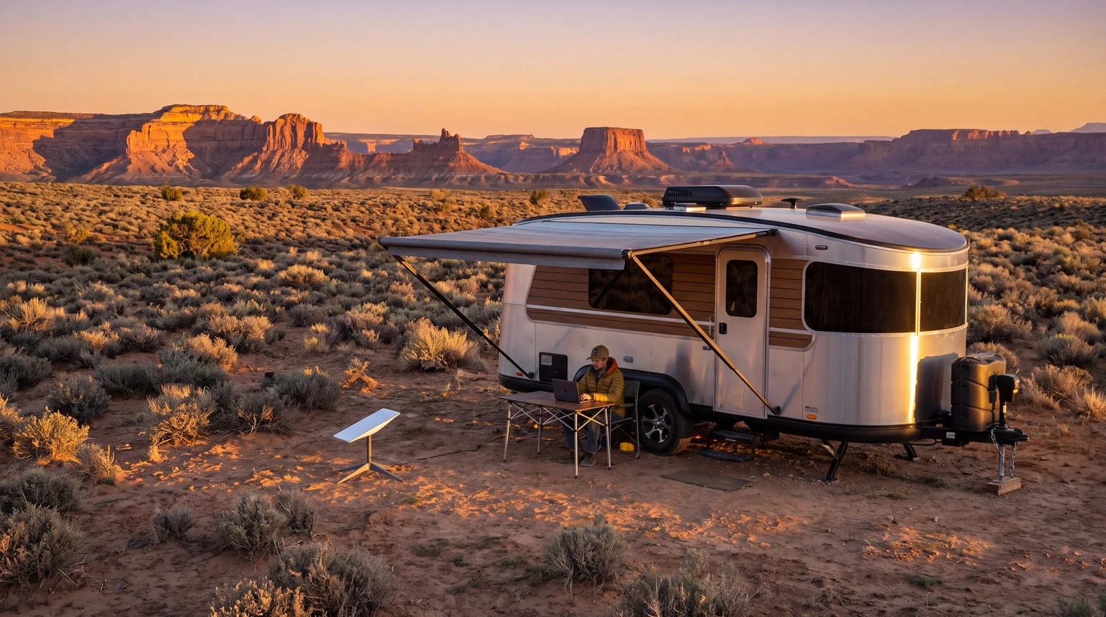 Travel trailer at a remote desert campsite at golden hour with a satellite internet dish on a ground tripod and a person working on a laptop under the awning
