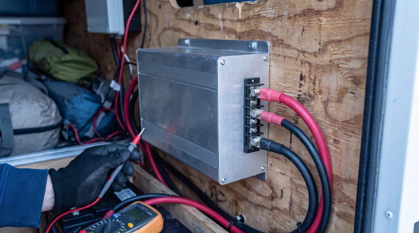 Metallic power inverter mounted on a plywood wall in an RV storage bay with thick red and black cables and a hand holding a multimeter probe nearby