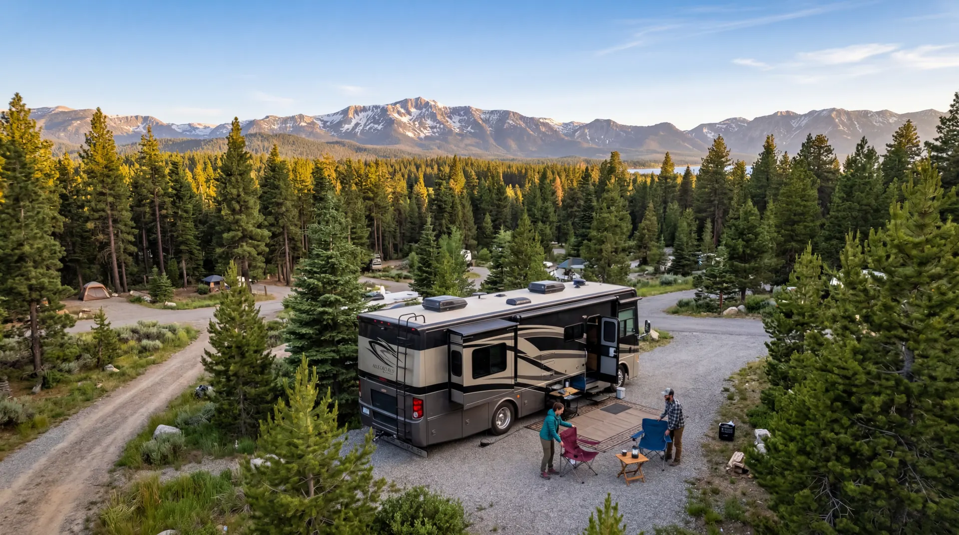 Aerial view of RV parked at scenic campground with mountain backdrop