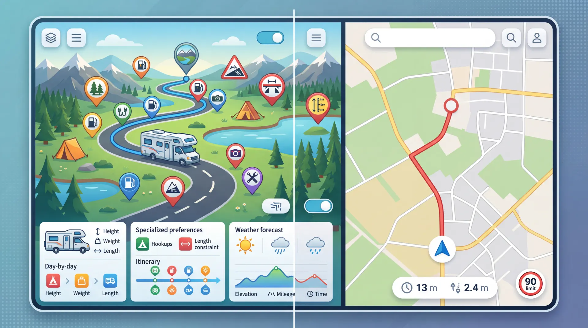 Comparison visualization showing RV specific advanced trip planning interface versus basic navigation