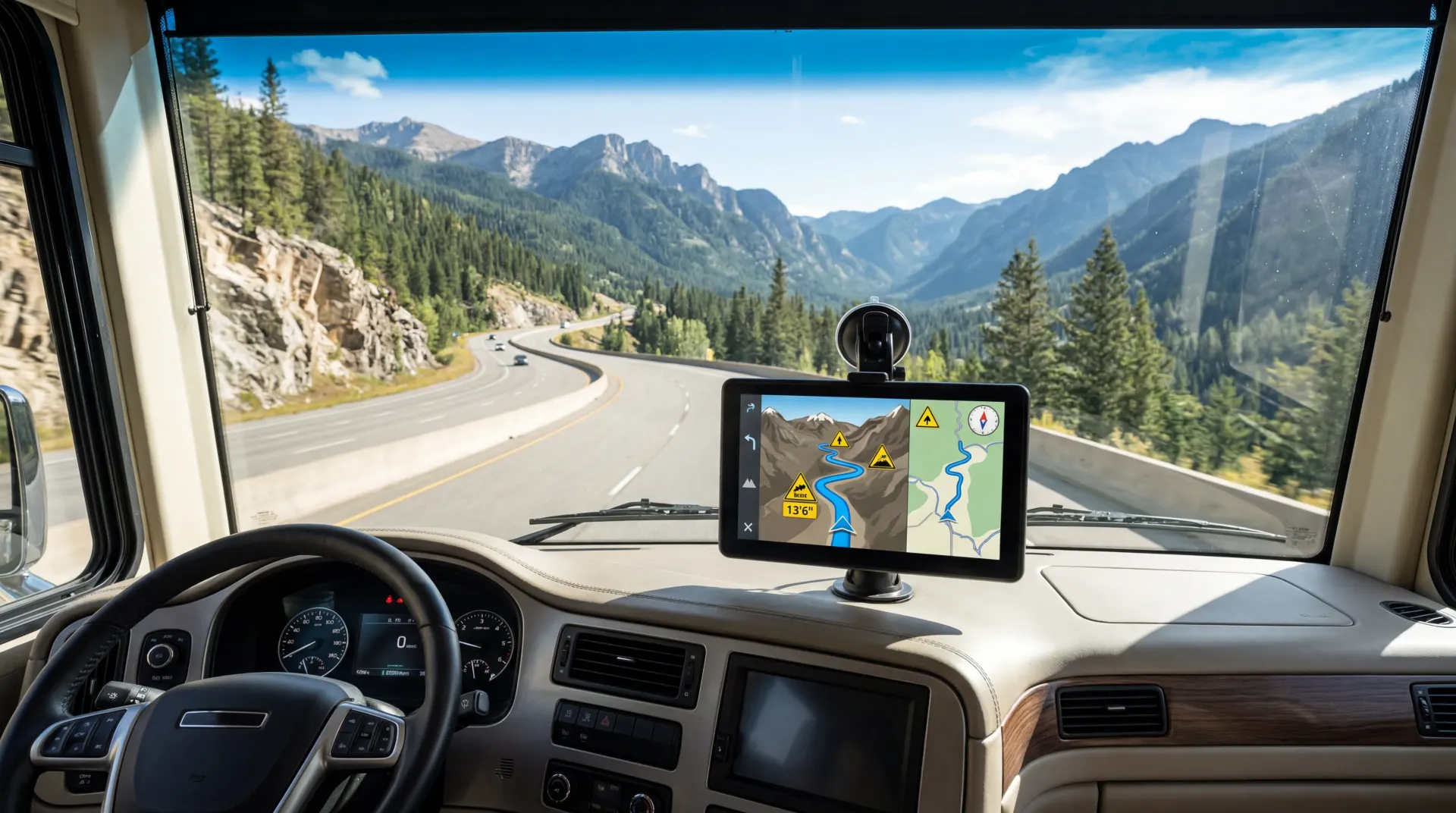 RV dashboard showing GPS navigation with turn by turn route guidance on mountain road