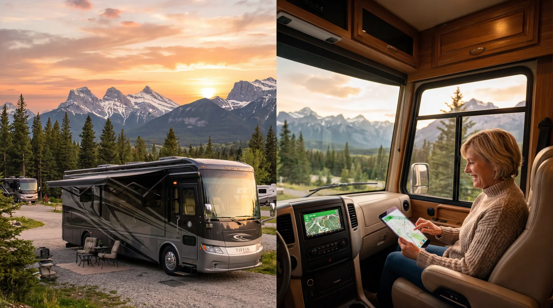 Modern Class A motorhome parked at a scenic mountain campground during golden sunset, with an RVer using a tablet for trip planning on the dashboard