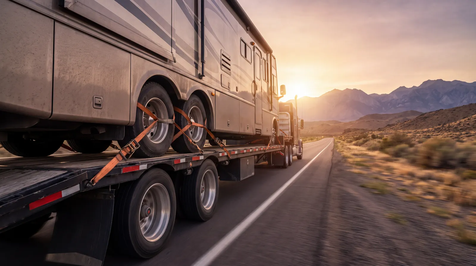 A Class A motorhome strapped down on a flatbed transport trailer being towed along a desert interstate at sunset