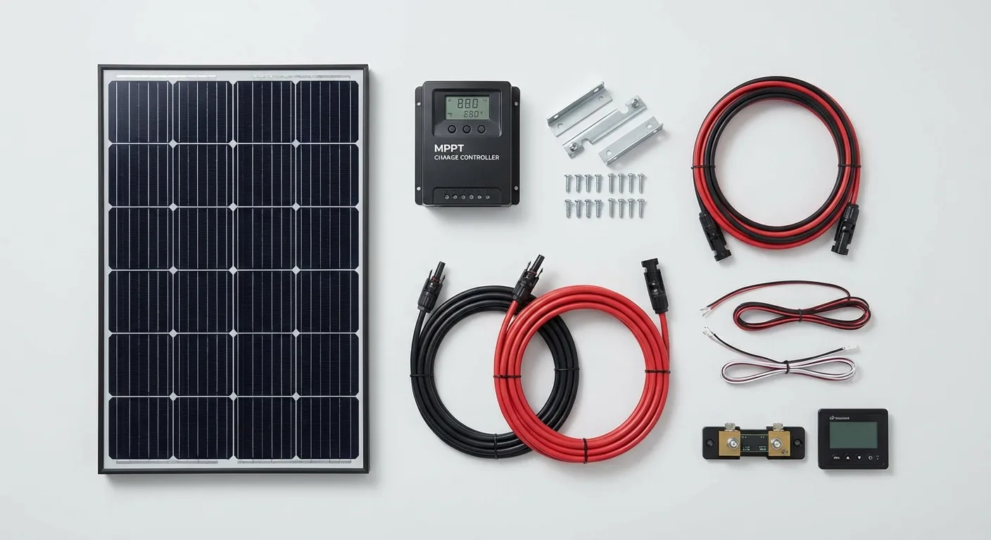 Complete RV solar kit components laid out including panels, charge controller, and wiring