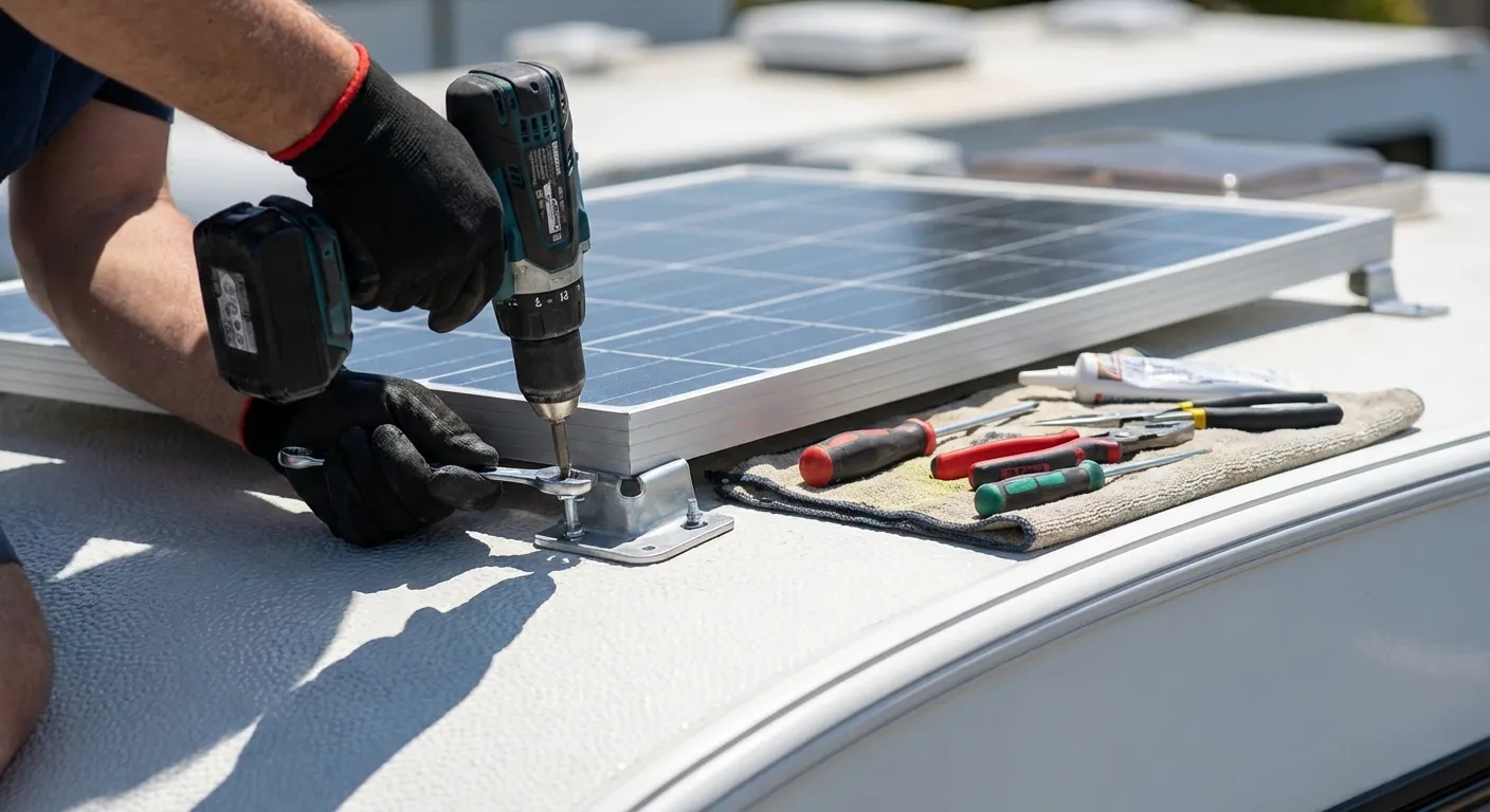 Close-up of solar panel being installed on RV roof