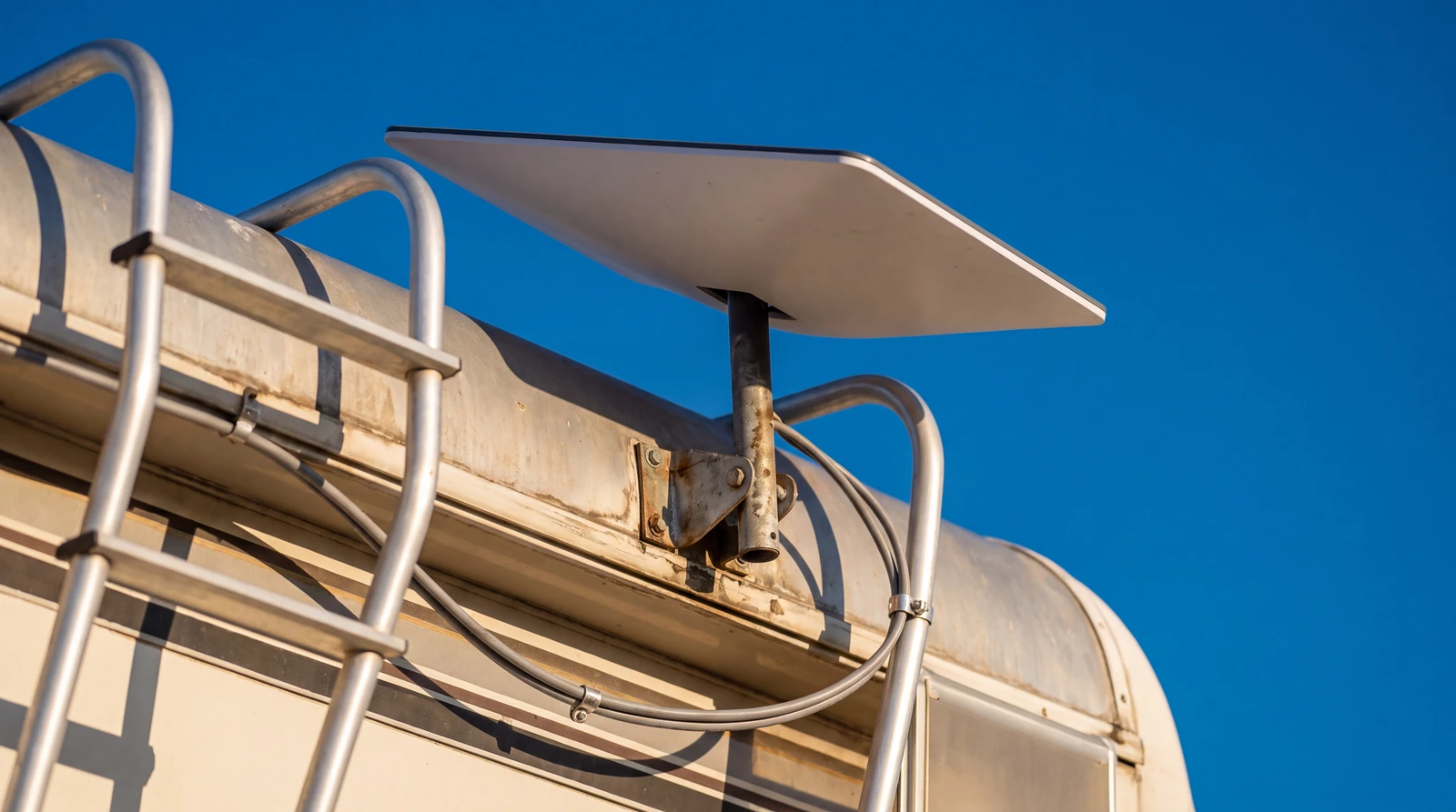 White flat satellite internet dish mounted on the roof edge of a motorhome with the cable routed neatly down the rear ladder under a clear blue sky