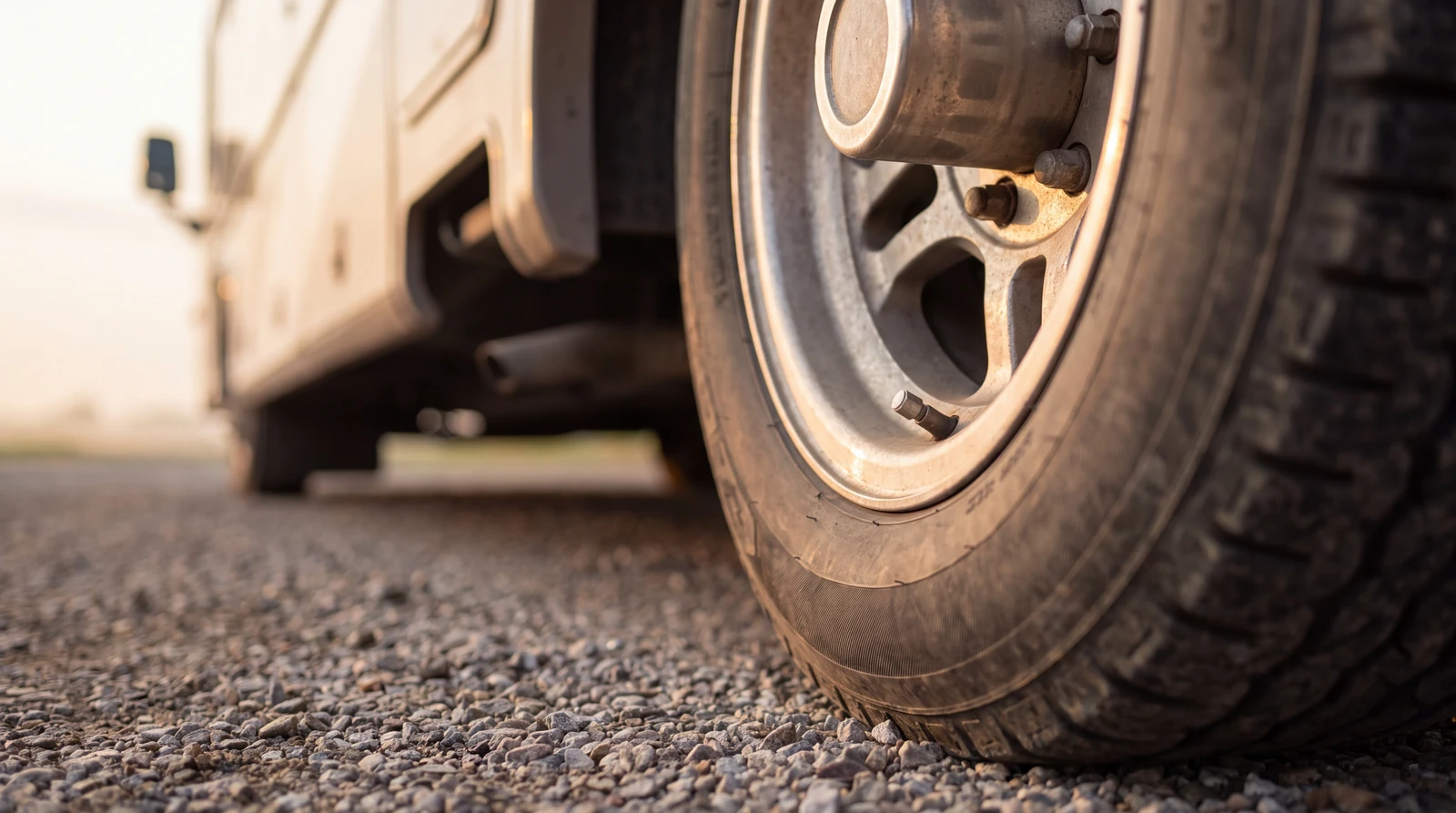 Close view of a motorhome wheel with a small metal sensor cap on the valve stem and the RV receding out of focus behind