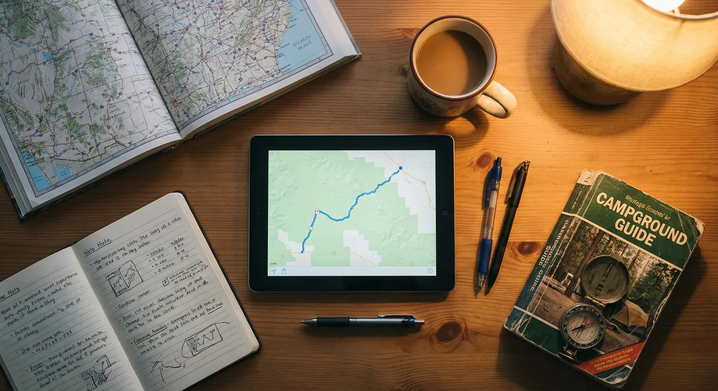 RV trip planning setup with tablet showing map and road atlas