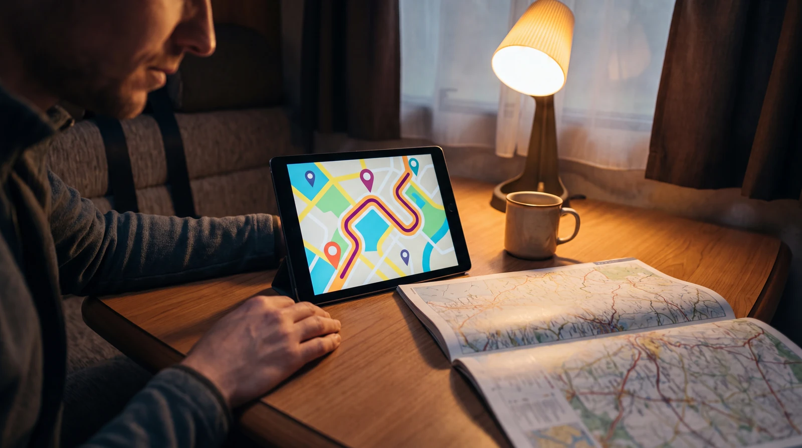 Person at an RV dinette planning a road trip on a tablet showing a stylized map with a winding route line, beside an open paper road atlas and a coffee mug